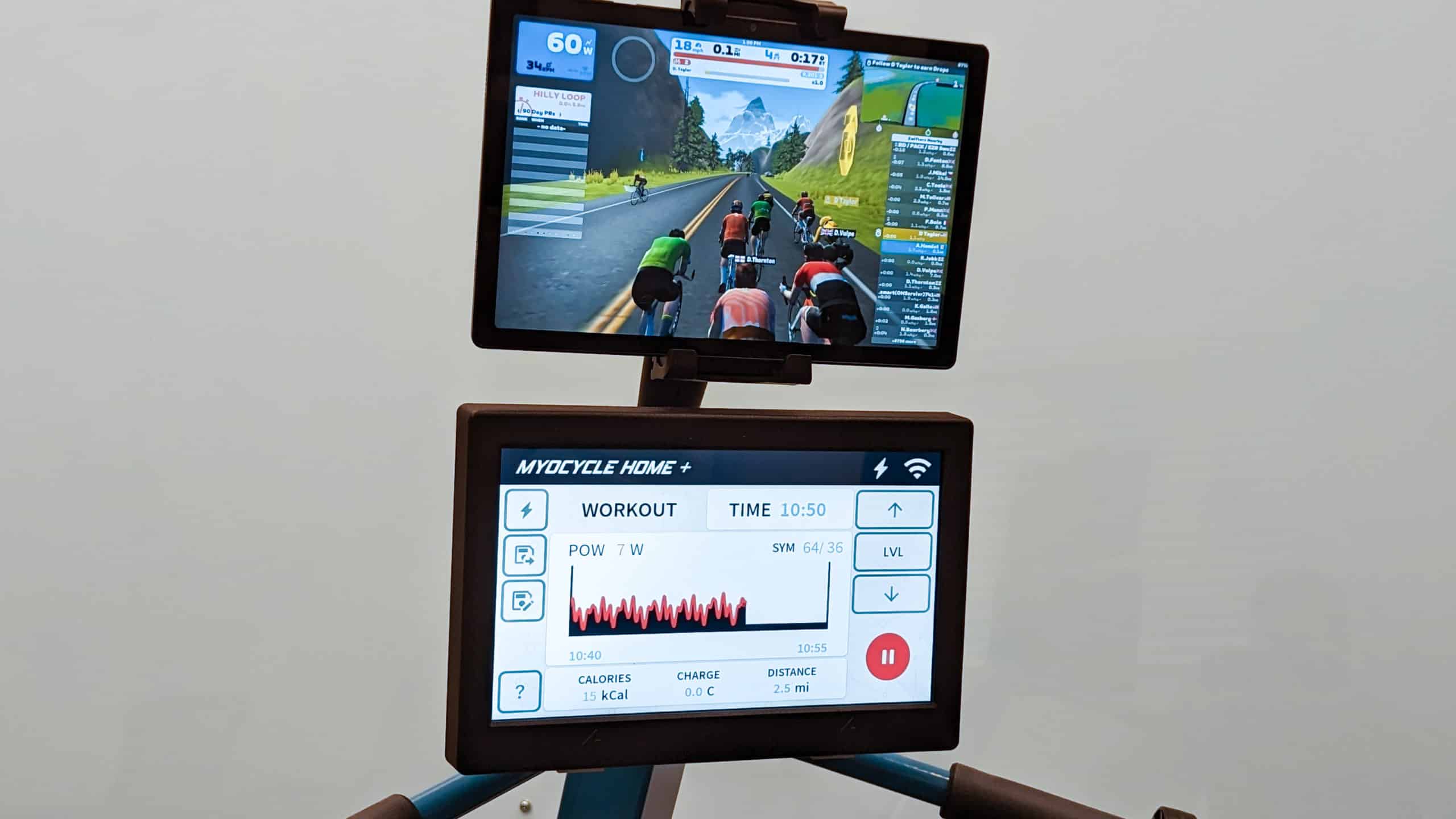 picture of a myocycle screen with zwift vr cycling on the top screen