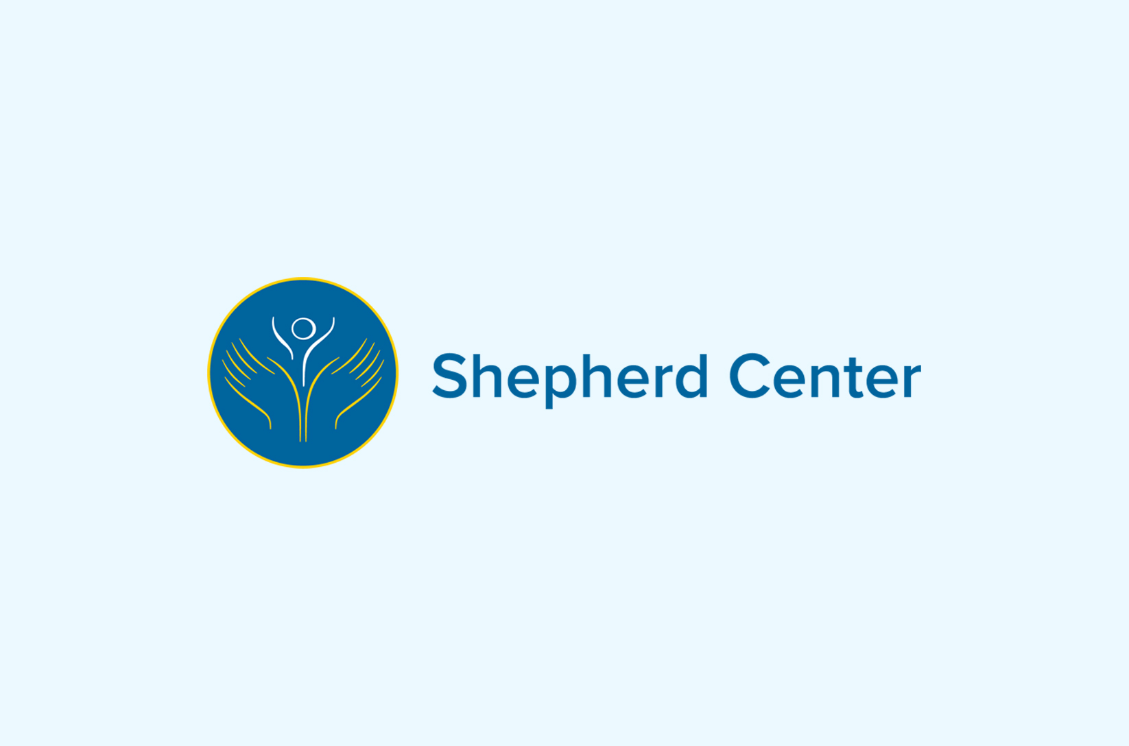 Logo for Shepherd Center, a MYOLYN research partner, featuring an abstract figure with arms raised, surrounded by two stylized hands inside a blue and gold circle. The text 